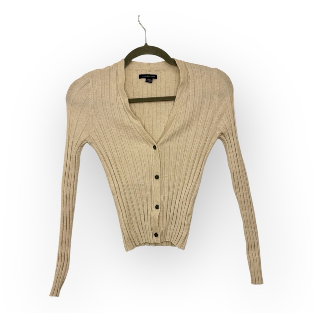 American Eagle Cream Ribbed Button Front Cropped … - image 1